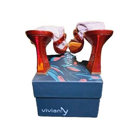 Vivianly Women's Square Open Toe Mid Block Heeled Sandals Red Rhinestone 10 - Picture 5 of 6